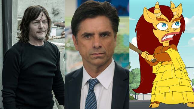 Norman Reedus in The Walking Dead; John Stamos in Big Shot; A still from Big Mouth