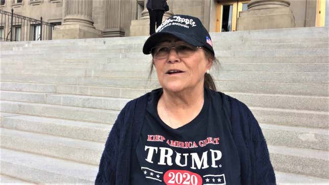 Boise’s Pam Hemphill is seen on the steps of the Idaho Capitol in 2020. A former Trump supporter, she has since changed her stance on the Jan. 6, 2021, riot at the U.S. Capitol that she participated in. 
