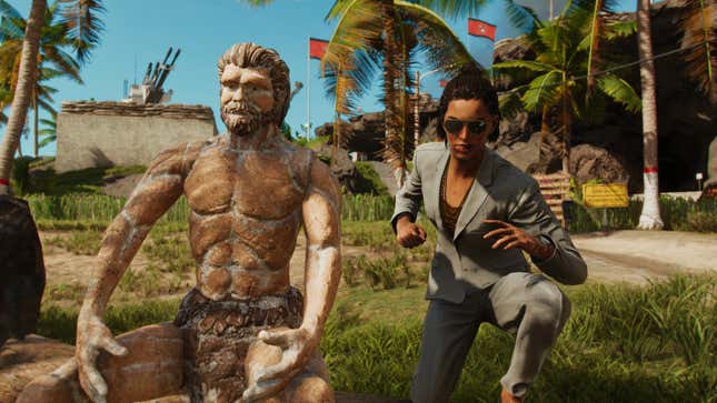 Dani stands next to a Far Cry Primal caveman in Far Cry 6.
