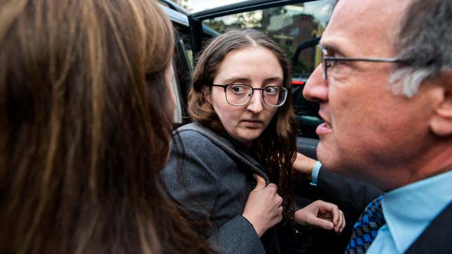 Caroline Ellison, former CEO of Alameda Research founded by Sam Bankman-Fried, exits Manhattan federal court after testifying, Tuesday, Oct. 10, 2023, in New York. (AP Photo/Eduardo Munoz Alvarez)