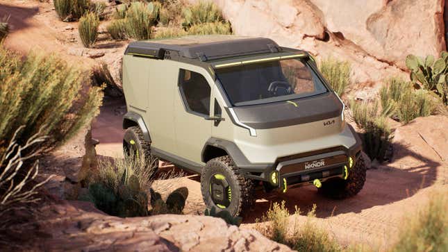 a render of the Kia Wkndr van parked on rocks