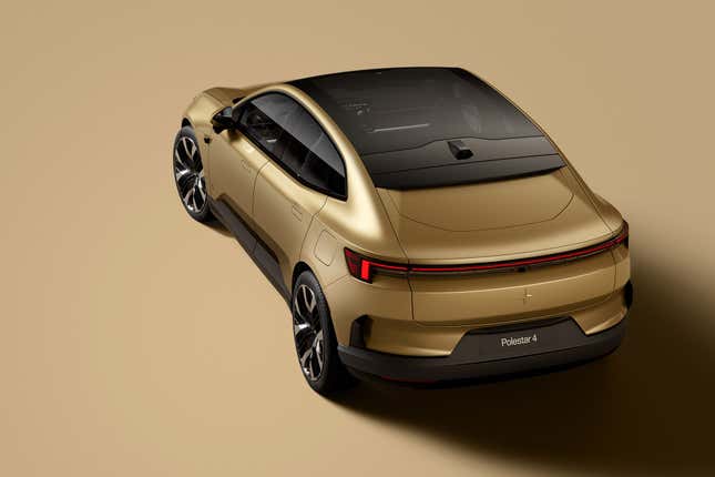 Rear-quarter image of a gold Polestar 4.