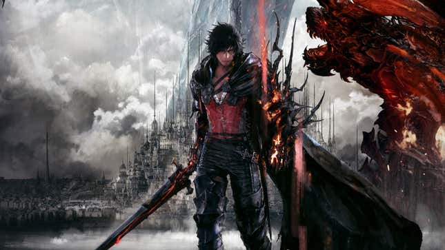 Clive is seen standing in front of a gothic city with his sword drawn and fiery power surrounding his arm. A dragon is seen standing over the city in the background.