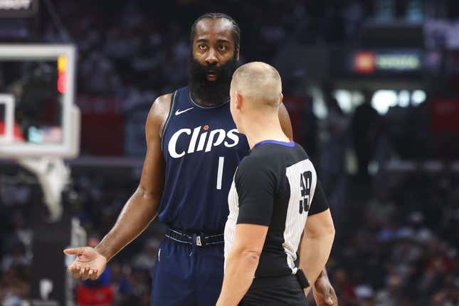 Nov 12, 2023; Los Angeles, California, USA; LA Clippers guard James Harden (1) speaks with the referee during the first half of a game against the Memphis Grizzlies at Crypto.com Arena.