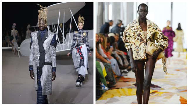 Akuol Deng Atem walking for Thom Browne (L) and Ulla Johnson (R)