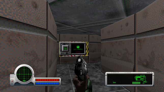 A first-person perspective of holding a gun in a sci-fi hallway