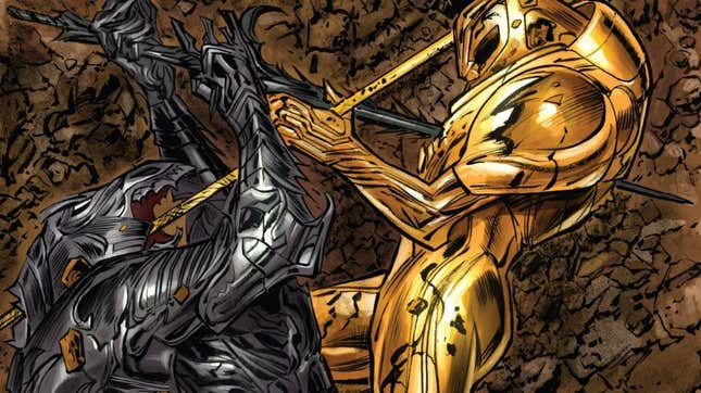 A black-armor clad god fights a gold-amor clad god