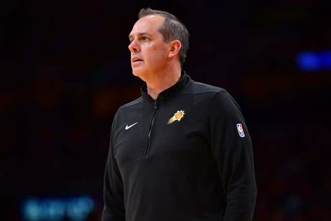 Oct 26, 2023; Los Angeles, California, USA; Phoenix Suns head coach Frank Vogel watches game action against the Los Angeles Lakers during the first half at Crypto.com Arena.