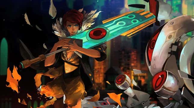 Ilustración de Red de Transistor, sosteniendo el arma titular en sus manos mientras está flanqueada por sus enemigos robóticos, The Process.