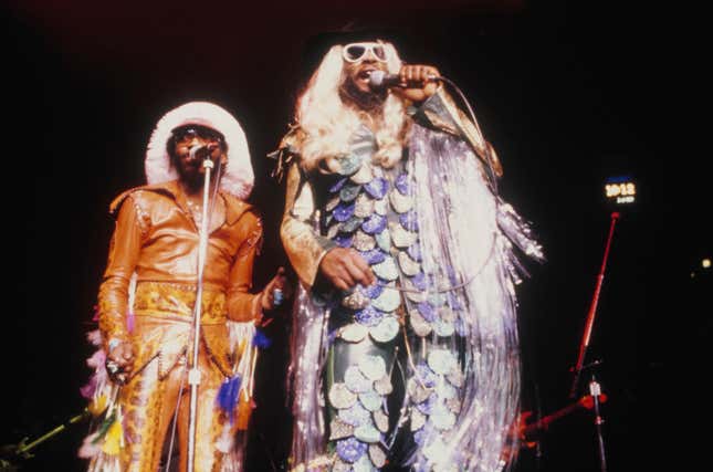 George Clinton (right) performing on stage with American funk band Parliament, USA, 1978. 