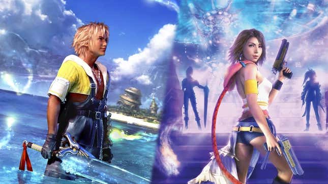 Promotional artwork of Tidus and Yuna, the protagonists of Final Fantasy X and X-2, respetviely.