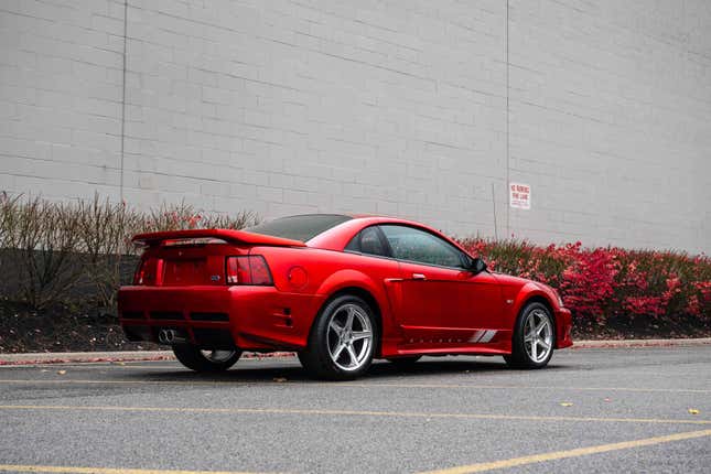 Rear 3/4 view of a red Saleen Ford Mustang