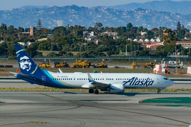 Alaska Airlines Boeing 737-9 prepares for takeoff at Los Angeles International Airport on October 19, 2023 in Los Angeles, California. 