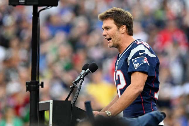 Sep 10, 2023; Foxborough, Massachusetts, USA; New England Patriots former quarterback Tom Brady speaks during a halftime ceremony in his honor during the game between the Philadelphia Eagles and New England Patriots at Gillette Stadium.