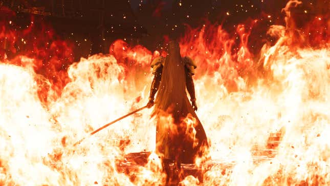 Sephiroth walks into flames with his back to the camera.