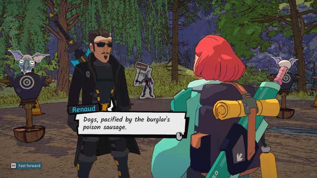 A screenshot of Luisa talking to Renaud, one of Dungeons of Hinterberg’s more eccentric slayers.