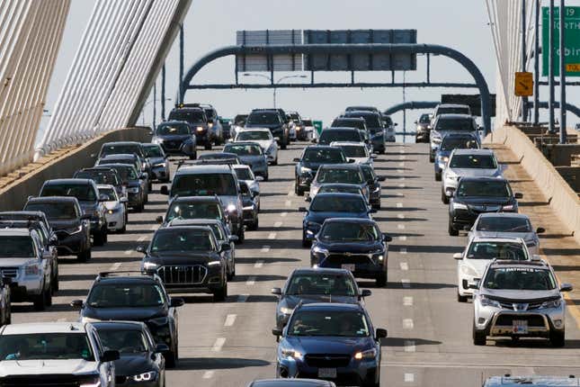 FILE - Heavy traffic heads south on Interstate 93 over the Zakim Bridge, Sept. 1, 2023, in Boston. Crash and fatality rates among drivers under 21 have fallen dramatically during the past 20 years, according to a new report made public Wednesday, Oct. 18, while noting young drivers are still by far the riskiest group behind the wheel. (AP Photo/Michael Dwyer, File)