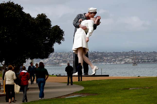This Feb. 13, 2012 file photo shows the statue entitled “Unconditional  Surrender” in San Diego. The statue was modeled after the photograph by Alfred Eisenstaedt taken in Times Square on V-J Day at the  end of World War II. 