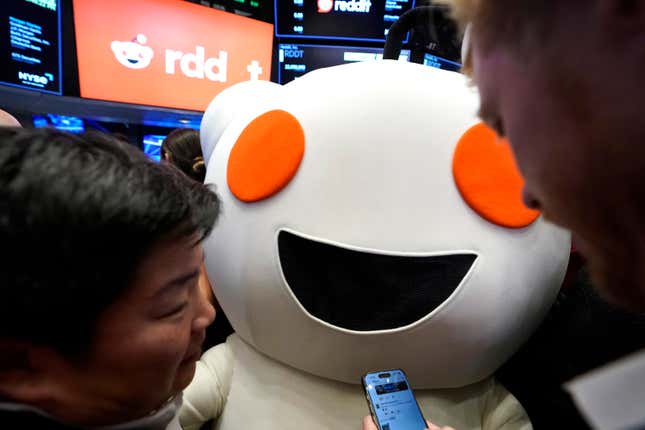 Reddit mascot Snoo is seen on the floor of the New York Stock Exchange (NYSE) as Reddit begins trading in New York on March 21, 2024. 