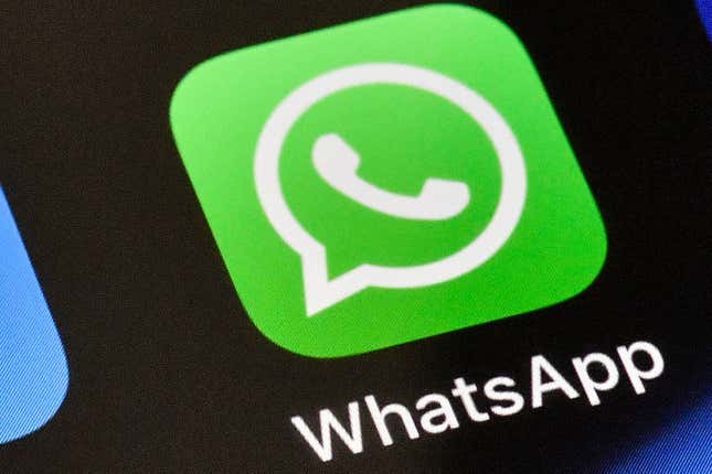 FILE - A WhatsApp icon is displayed on an iPhone, Thursday, Nov. 15, 2018 in Gelsenkirchen, Germany. WhatsApp has chosen the Mercedes Formula One team for its first sports sponsorship, a multi-year agreement that will give followers of the eight-time world champion exclusive team content and in-race updates through the Meta-owned private messaging service. (AP Photo/Martin Meissner, File)