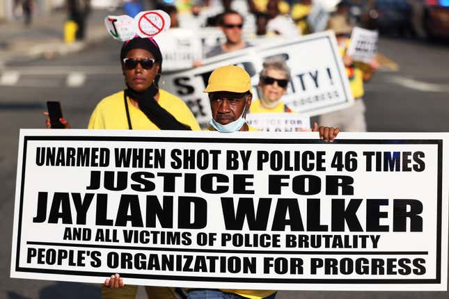 NEWARK, NEW JERSEY - JULY 15: People march demanding justice for Jayland Walker on Market Street on July 15, 2022 in Newark, New Jersey. The People’s Organization for Progress (POP) organized a march and rally to demand justice for Jayland Walker, who was killed in Akron, Ohio by police on June 27, 2022. A