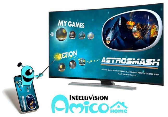 Ein Comic-Alien ragt aus einem Telefon heraus und zeigt auf einen Monitor, auf dem Amico Home zu sehen ist.