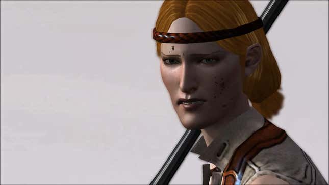 Aveline holds her sword with a distressed expression.