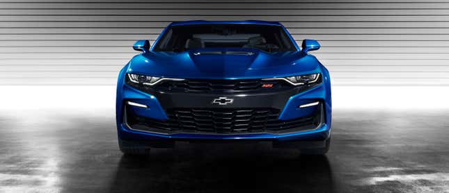 2019 Chevrolet Camaro SS in blue showing its droopy front styling