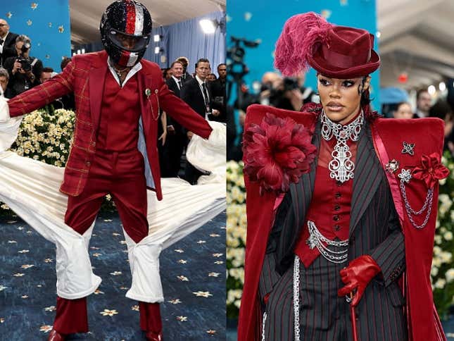 Damson Idris attends the 2025 Met Gala Celebrating “Superfine: Tailoring Black Style” at Metropolitan Museum of Art on May 05, 2025 in New York City and Teyana Taylor attends the 2025 Met Gala Celebrating “Superfine: Tailoring Black Style” at Metropolitan Museum of Art