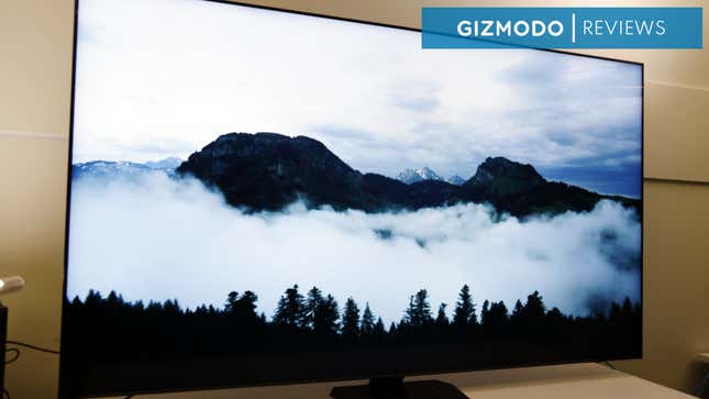 The Samsung QN90D Neo Qled 4K TV on a stand surrounded by a white background