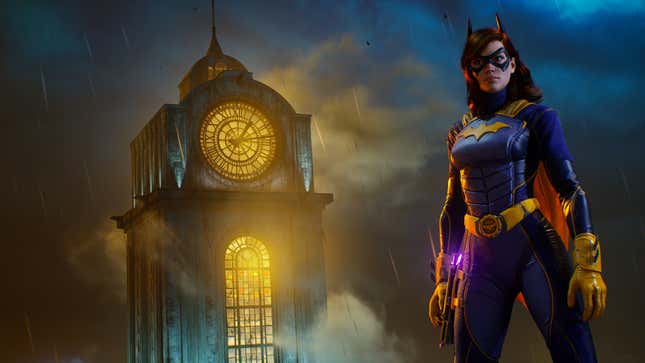 Batgirl stands next to a clocktower in Gotham Knights.