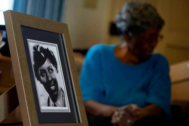 World War II veteran Maj. Fannie Griffin McClendon shows an image of herself during her time in the military.