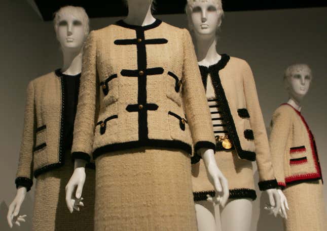 Chanel suits from various decades are shown at the Metropolitan Museum of Art in New York, Monday, May 2, 2005. The suits are part of a new exhibit titled "Chanel," which opens May 5, organized by the Costume Institute.
