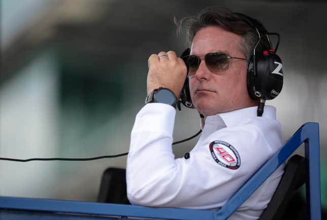 Jeff Gordon, Vice Chairman of Hendrick Motorsports looks on from the pit box during the NASCAR Cup Series Brickyard 400 at Indianapolis Motor Speedway on July 21, 2024 in Indianapolis, Indiana. 