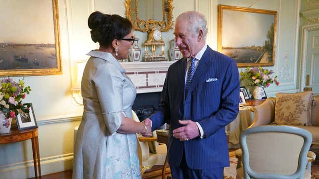 King Charles III meets with Commonwealth Secretary General, Baroness Scotland of Asthal, at Buckingham Palace in London on March 13, 2024.