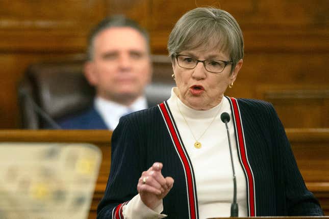 FILE - Kansas Gov. Laura Kelly talks about her top goals for the year during her State of the State address, Jan. 10, 2024, at the Statehouse in Topeka, Kan. Kansas&#39; Democratic governor on Wednesday, April 24, vetoed a broad package of tax cuts for the second time in three months, describing it as “too expensive” despite the bipartisan support it enjoyed in the Republican-controlled Legislature. (Evert Nelson/The Topeka Capital-Journal via AP, File)