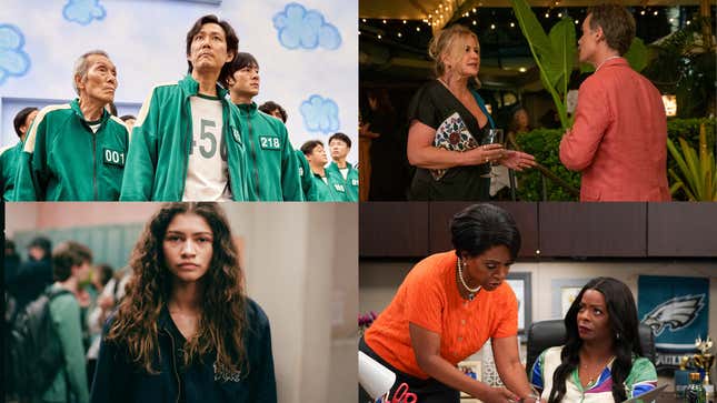 From L to R: Zendaya in Euphoria; O Yeung-su, Lee Jung-jae, Park Hae-soo in Squid Game; Jennifer Coolidge and Murray Bartlett in The White Lotus; Sheryl Lee Ralph and Janelle James in Abbott Elementary
