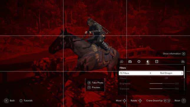 A screenshot of the Photo Mode HUD in Assassin’s Creed: Shadows.