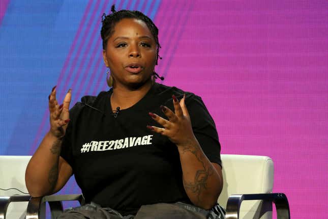 Patrisse Cullors participates in the “Finding Justice” panel during the BET presentation at the Television Critics Association Winter Press Tour at The Langham Huntington on Monday, Feb. 11, 2019, in Pasadena, Calif.