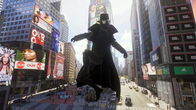 A Spider-Man 2 screenshot shows Peter Parker wearing his Noir Into the Spider-Verse suit. 