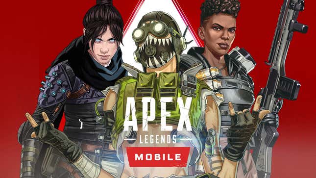 A promo image for Apex Legends Mobile shows three characters. 