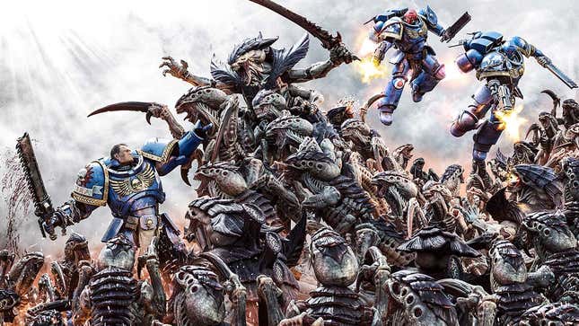 An image shows a large group of aliens attacking Space Marines. 