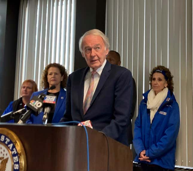 Democratic U.S. Sen. Edward Markey called on Wednesday, March 27, 2024, for greater oversight of a deal that financially embattled hospital operator Steward Health Care has struck to sell its nationwide physician network to Optum, a subsidiary of UnitedHealth Group, at a press conference in his office at the John F. Kennedy Federal Building in Boston. Markey said Optum must show it can protect health care access by controlling costs and putting patients and providers first. (AP Photo/Steve LeBlanc)