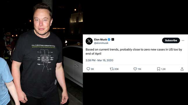 Elon Musk on September 25, 2020, in Los Angeles, California (left) and Musk’s tweet from March 19, 2020.
