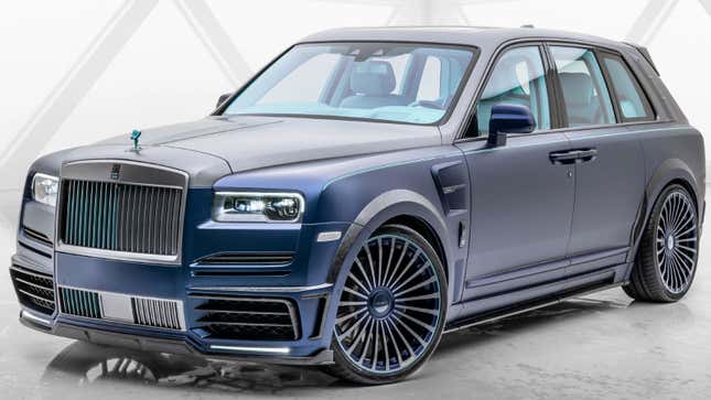 A photo of a Rolls Royce SUV covered in a Mansory body kit. 