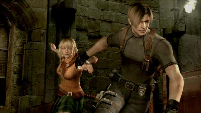 Leon begrudgingly pulls Ashley along in Resident Evil 4