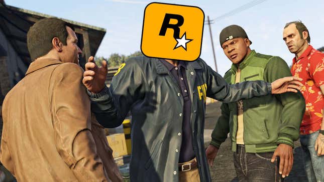GTA 5 protagonists Michael De Santa (brown jacket, left), Franklin Clinton (green jack, right)), Trevor Philips (red shirt, far right) are broken up by an FBI agent whose face is covered by the Rockstar Games logo.