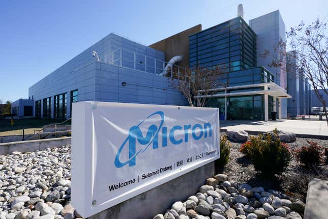 sign marks the entrance of the Micron Technology automotive chip manufacturing plant