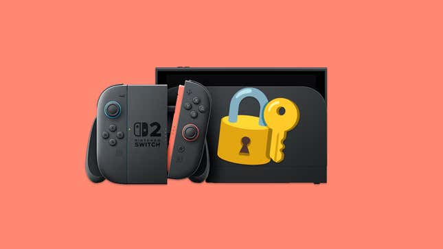 A lock symbol hovers over the Switch 2.