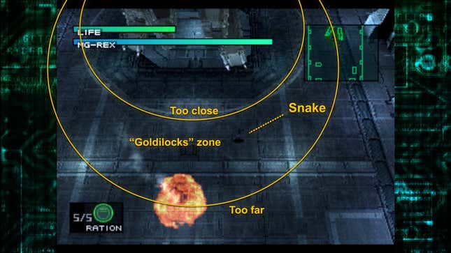 A screenshot of the Metal Gear Rex boss battle shows a visualization of safe areas.
